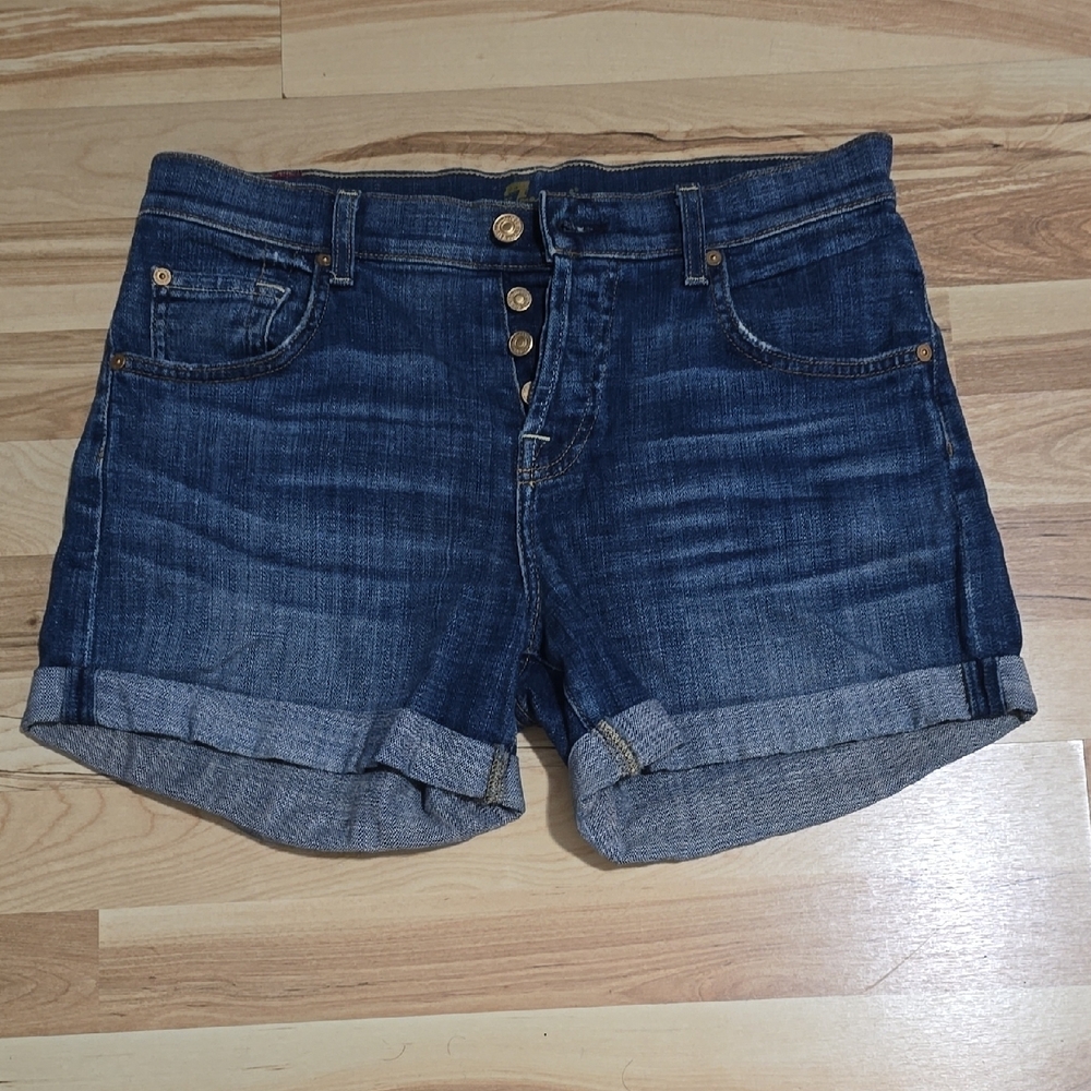 7 For All Mankind Denim Shorts Size 26 Blue Stretch Cuffed Designer Style AU51